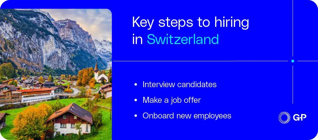 Pasos clave para contratar en Suiza, como entrevistas, ofertas de trabajo e incorporación.