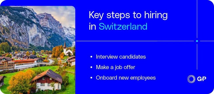 Key steps to hiring in  Switzerland such as interviews, job offer, and onboarding.