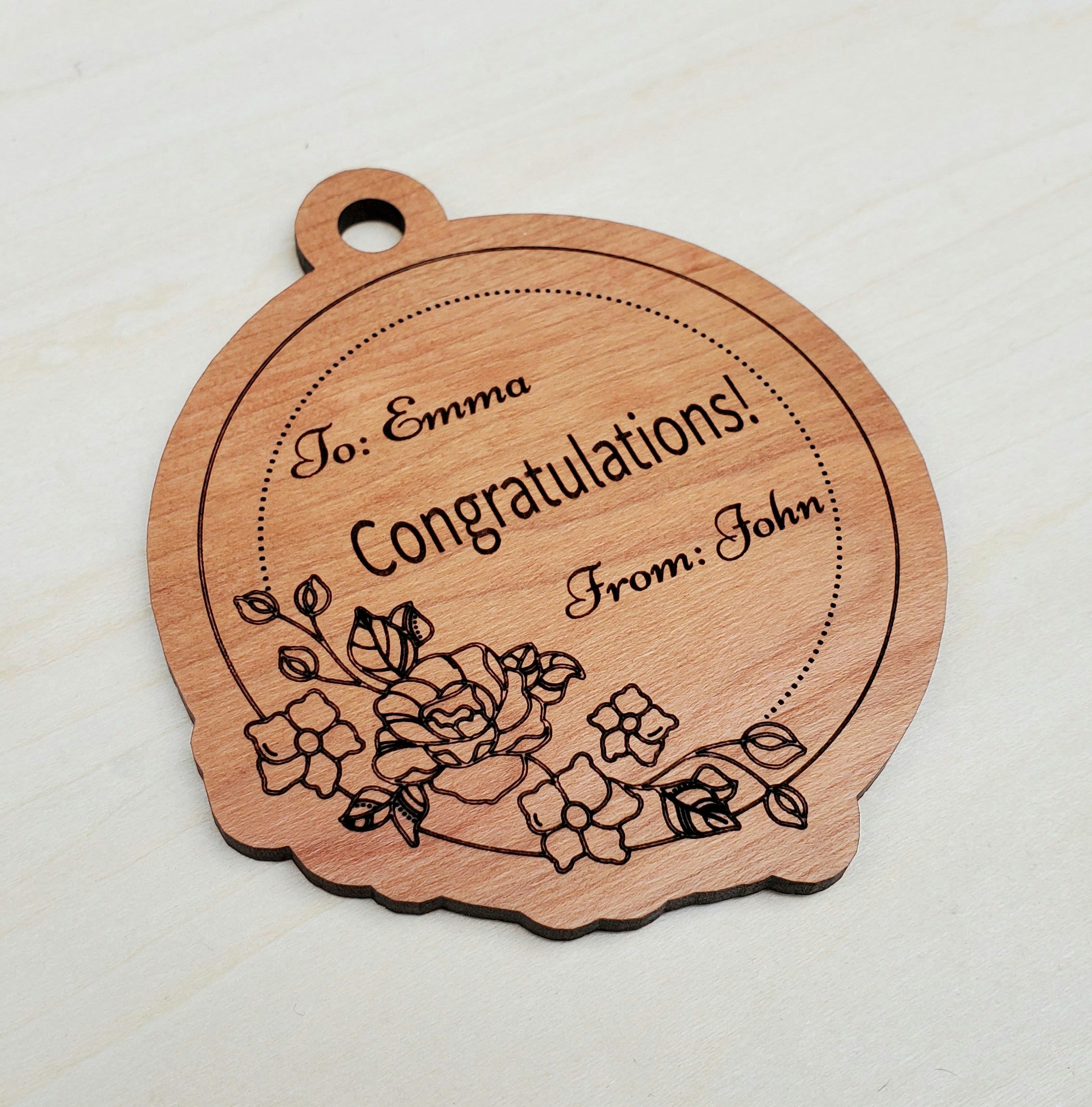 Completed, laser cut & engraved gift tag