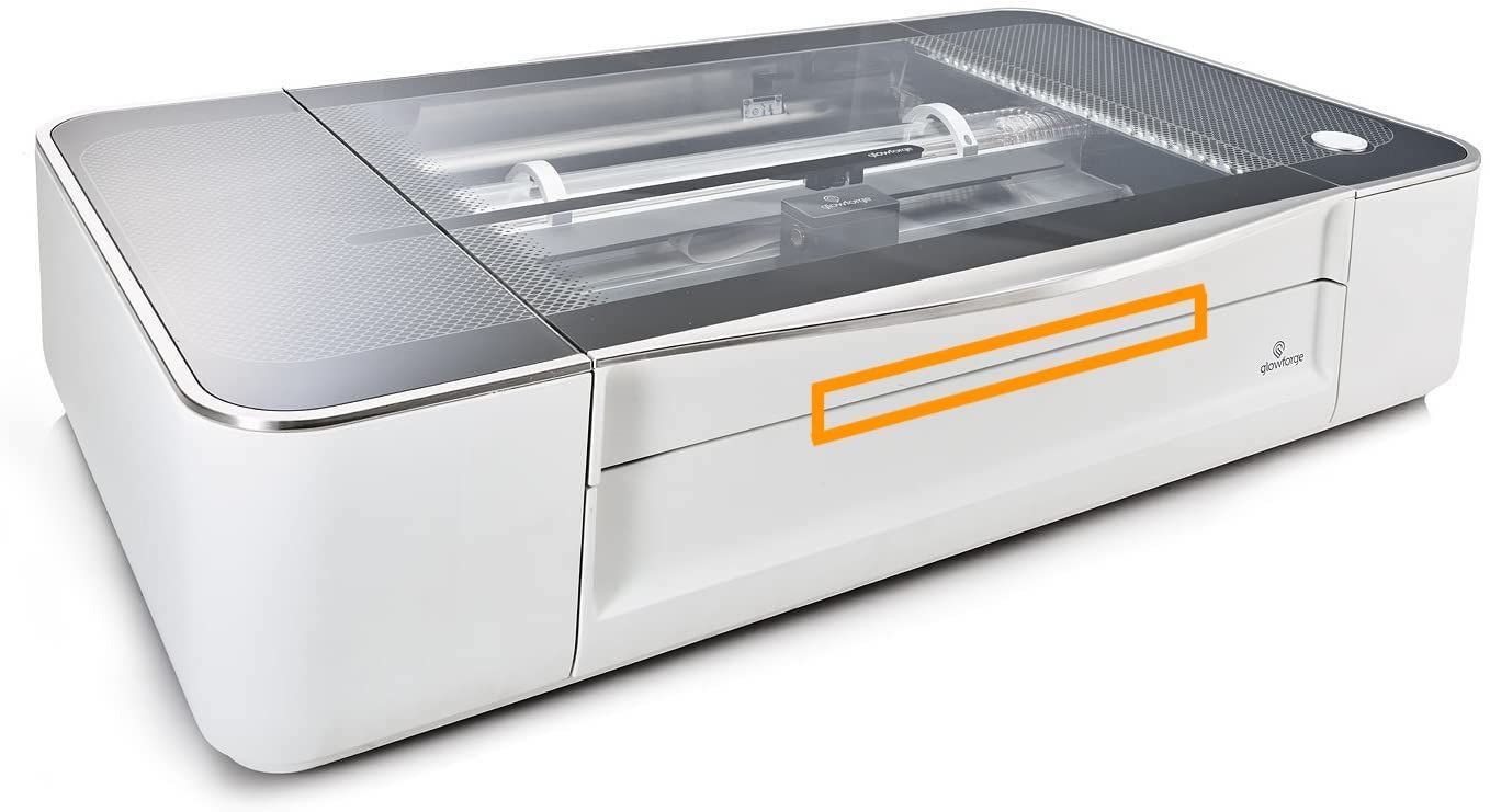A Glowforge with the space where the lid and front door meet highlighted