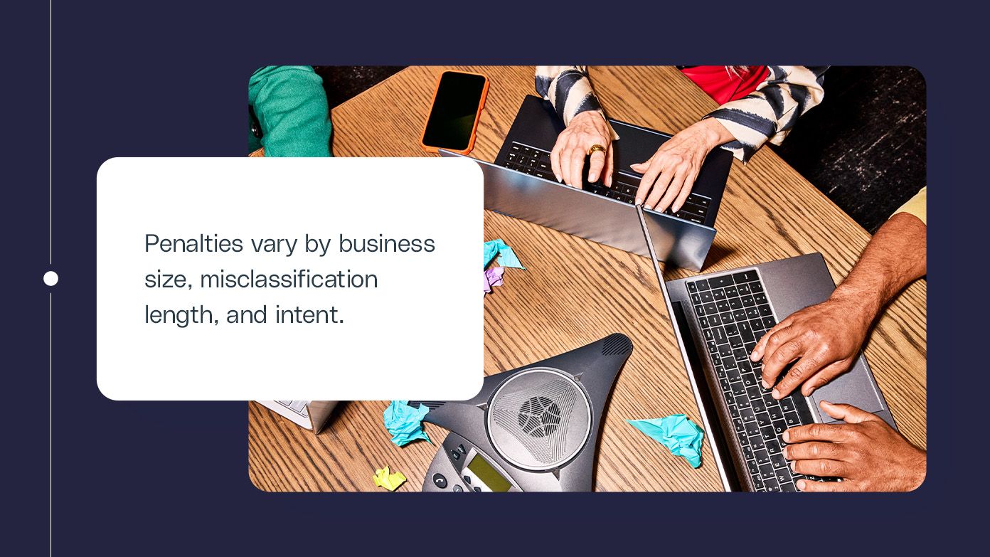 Penalties vary by business size, misclassification length, and intent.
