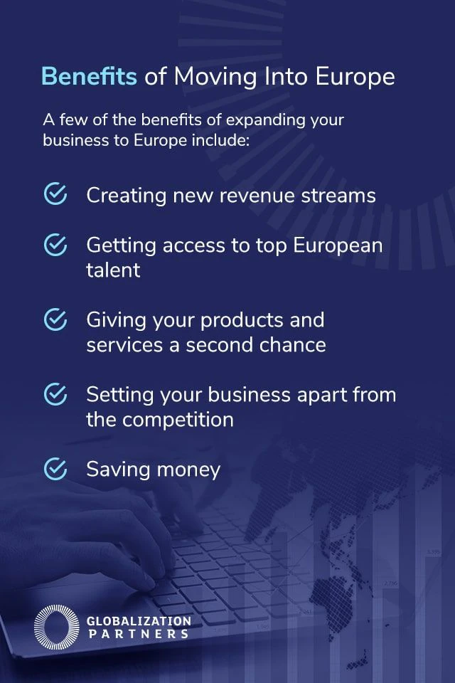 Bullet list explaining the benefits of moving your business to Europe.