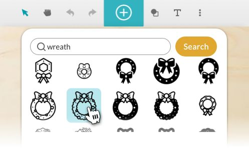 A screenshot showing using the + button and search feature to select clipart of a wreath in the Glowforge App
