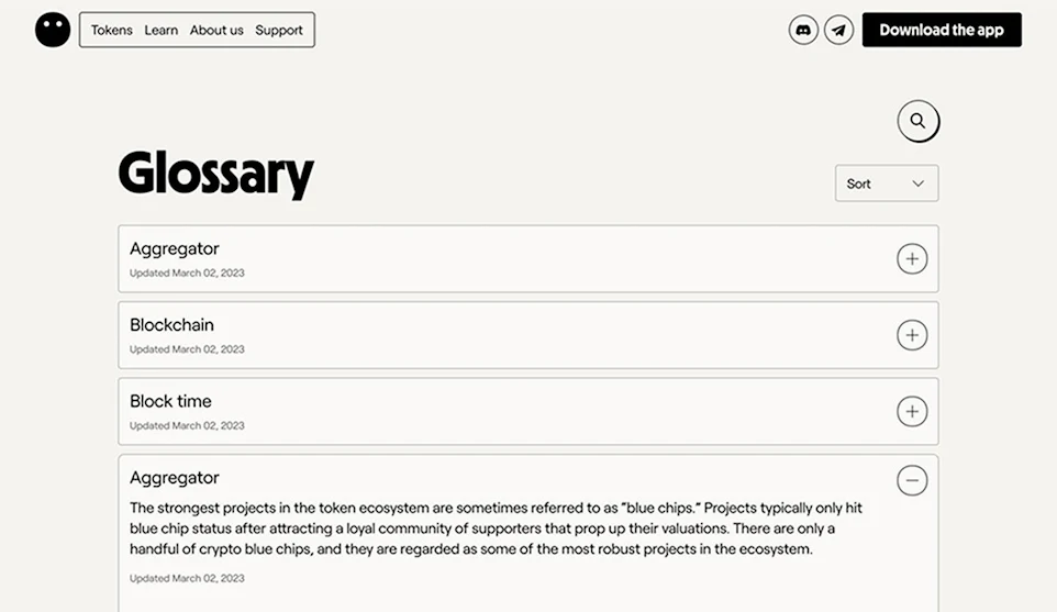A webpage titled "Glossary" with a clean and minimalist design