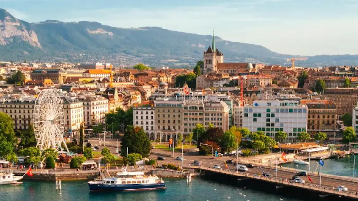 Lake Geneva Switzerland Waterfront with ferris wheel.