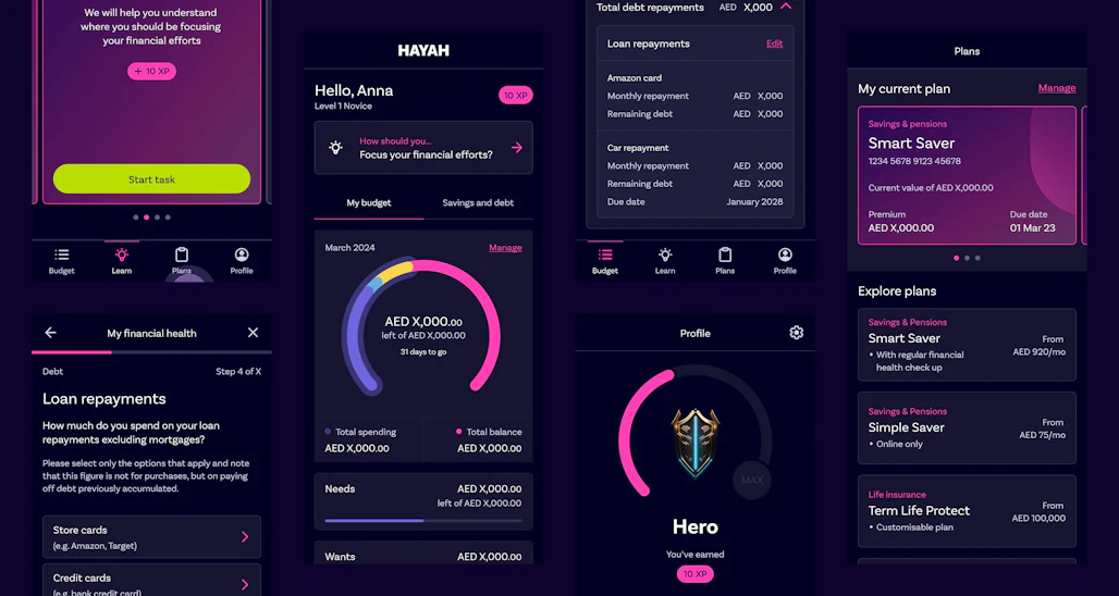 A financial management application interface with various sections and information