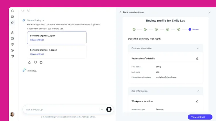 An AI-driven HR platform assisting with international hiring. The G-P Assist AI agent has generated approved contract templates for Japan-based engineers, allowing the user to view and select the appropriate legal document.