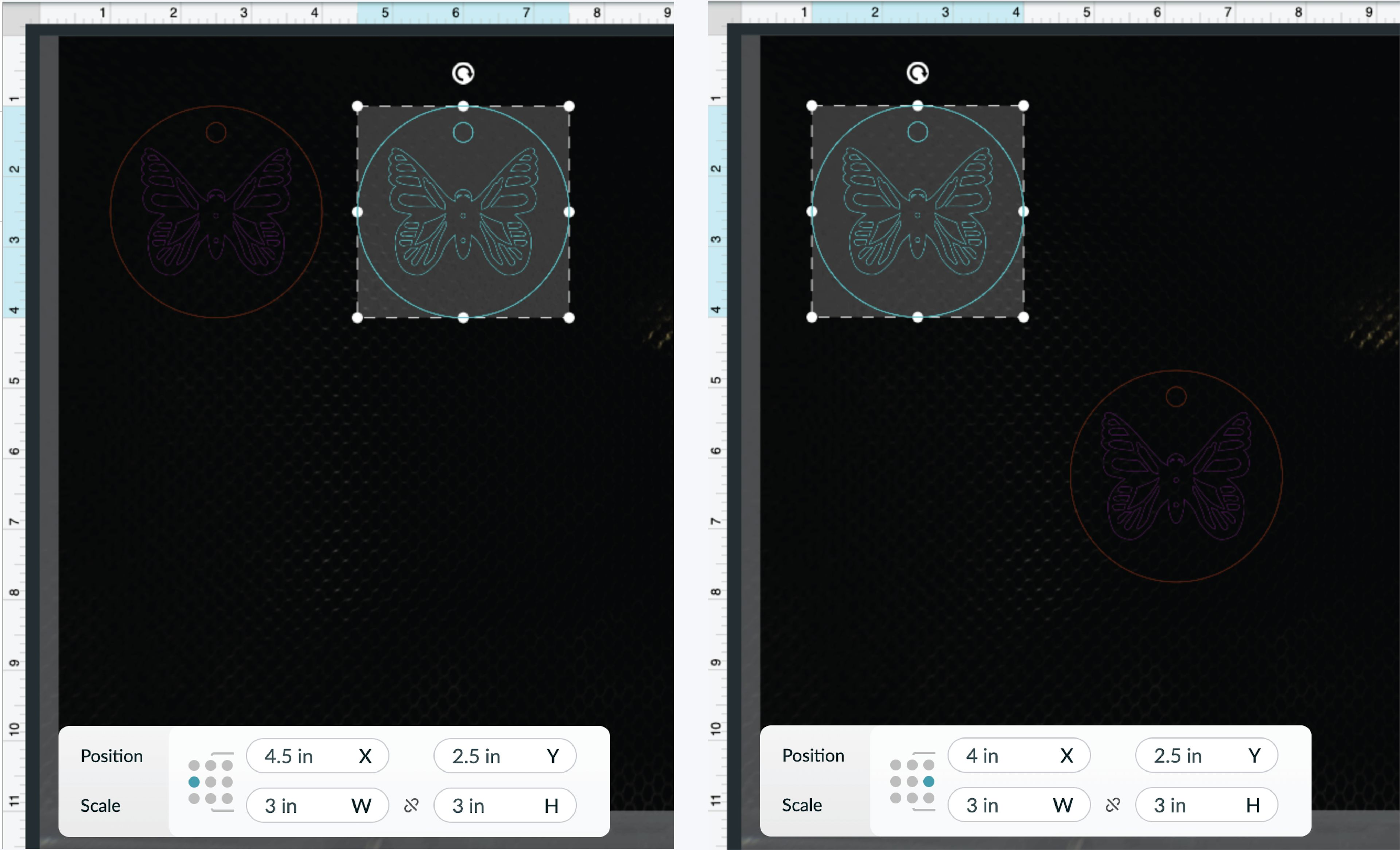 Screenshot sequence of positioning artwork in the Glowforge App