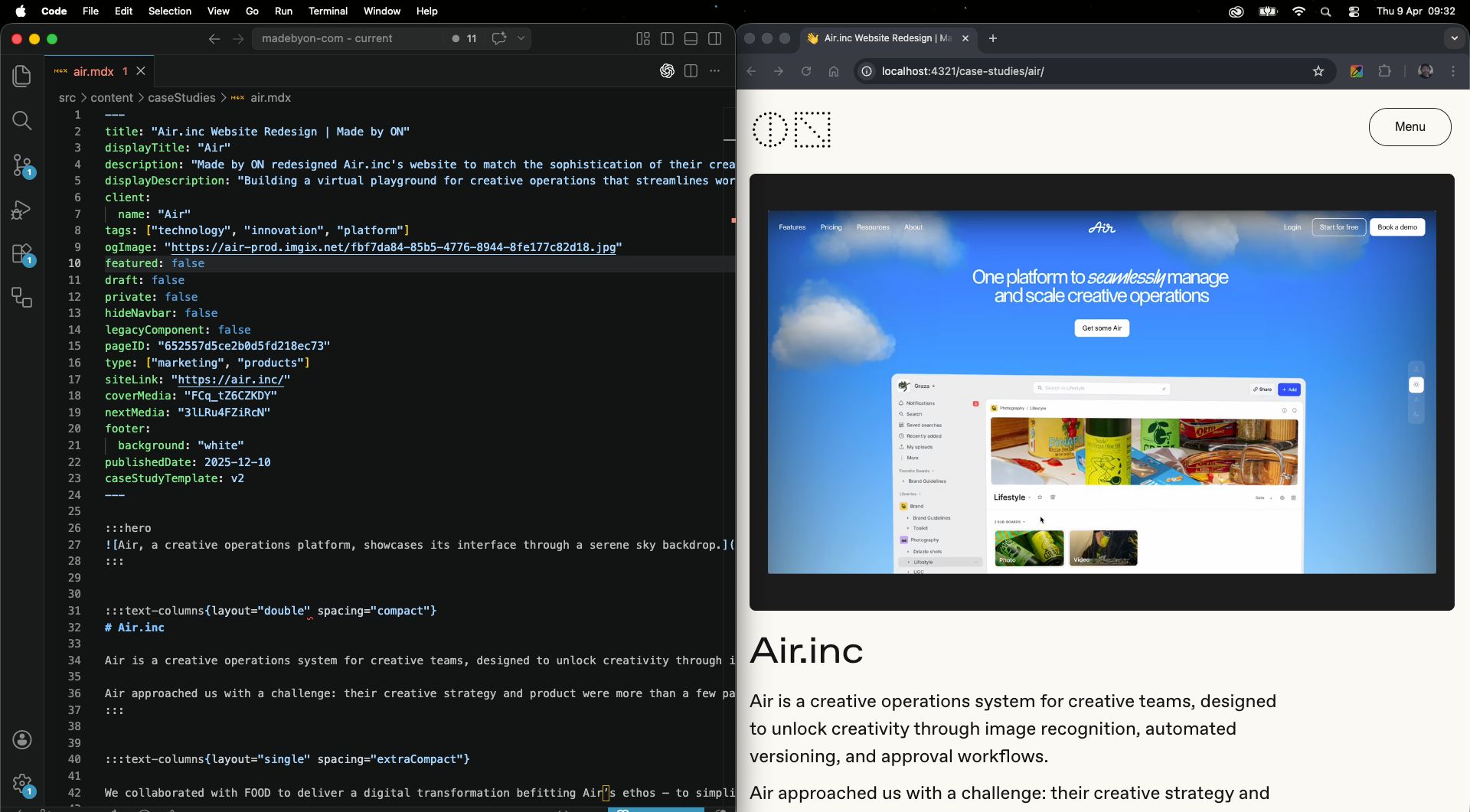 Split view: the air.mdx source file open in VS Code on the left, the rendered Air.inc case study page on the right.