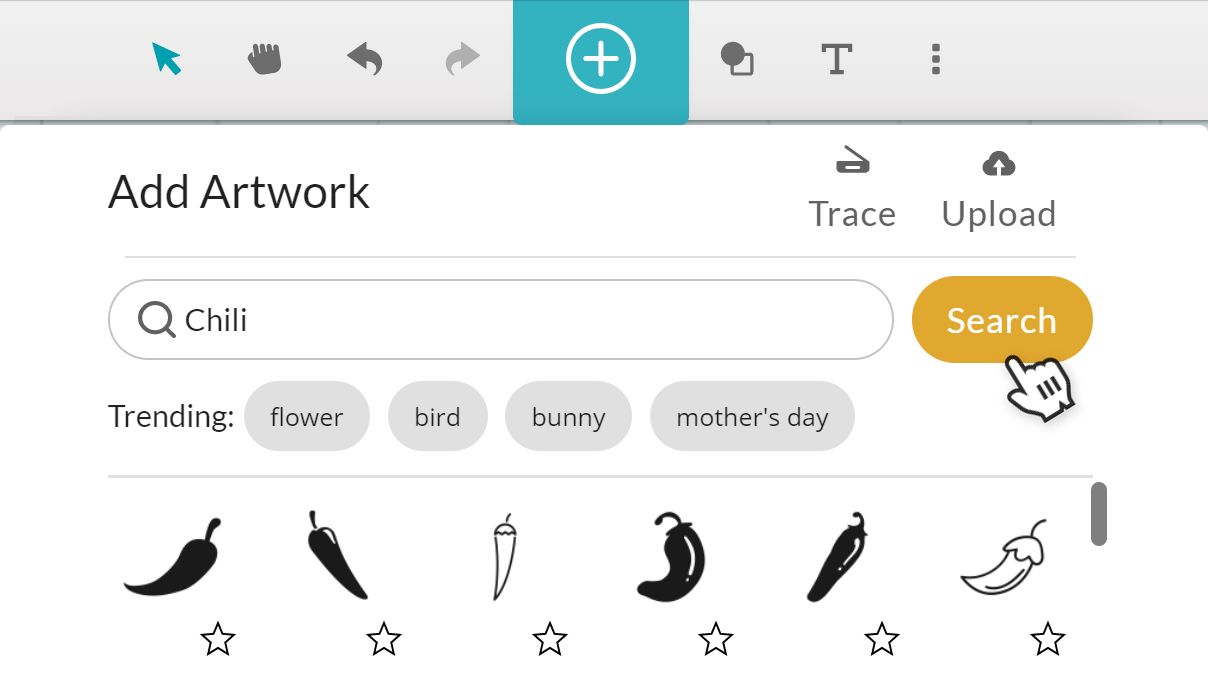 A screenshot showing using the + button and search feature to select clipart of a chili in the Glowforge App