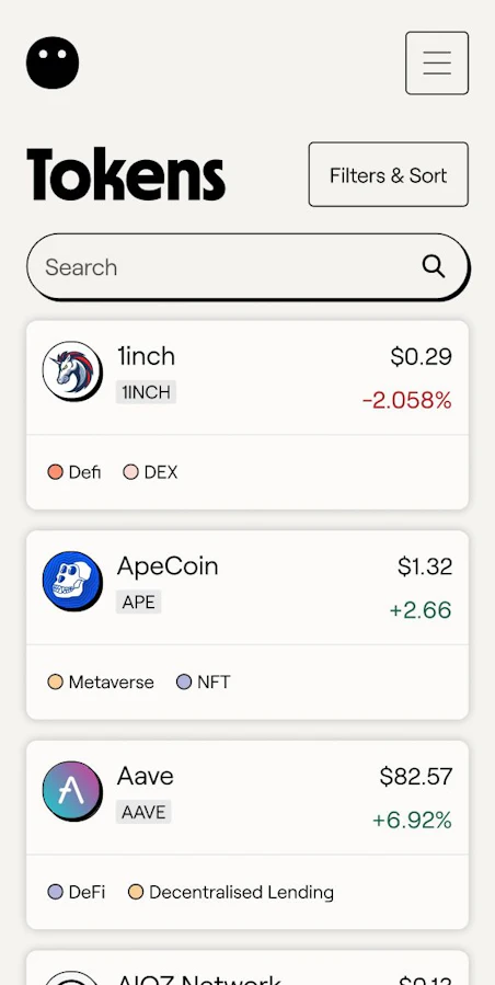A mobile application interface displaying a list of tokens with their respective prices and percentage changes