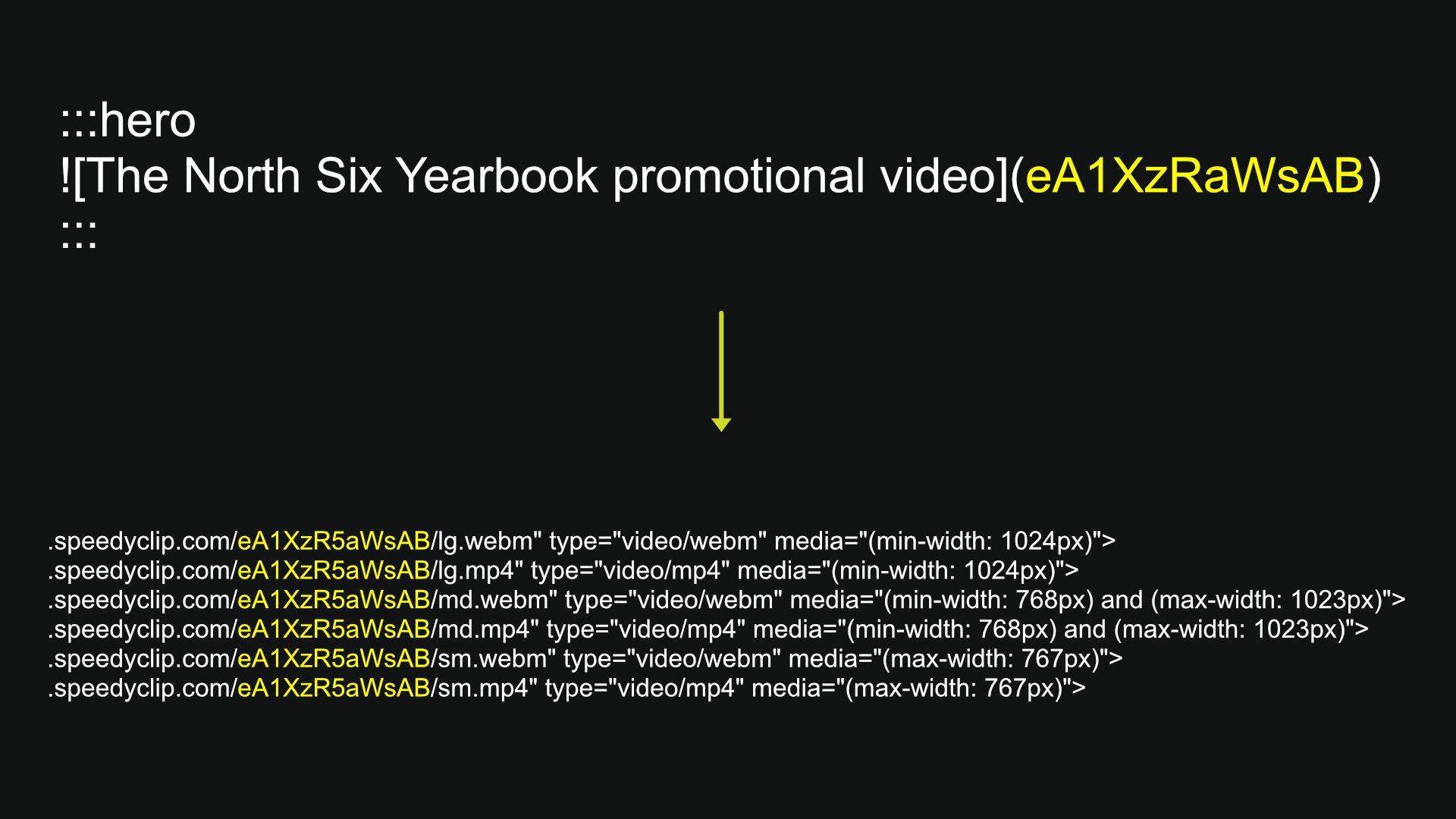 📷 Split-screen: the short MDX asset ID on the top, the rendered html on the bottom showing six responsive sources