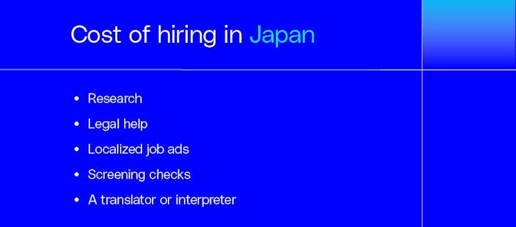 Custo da contratação no Japão, desde pesquisa e assistência jurídica até verificações de antecedentes e serviços de tradução.