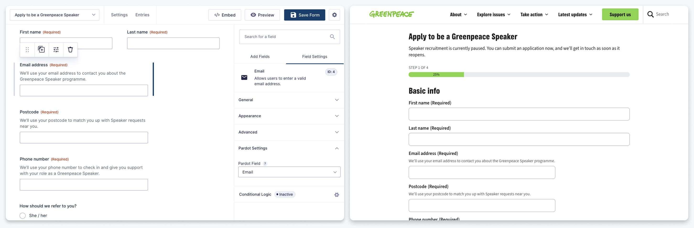 Side by side comparison of the Greenpeace Wordpress UI  and the corresponding page on the live website