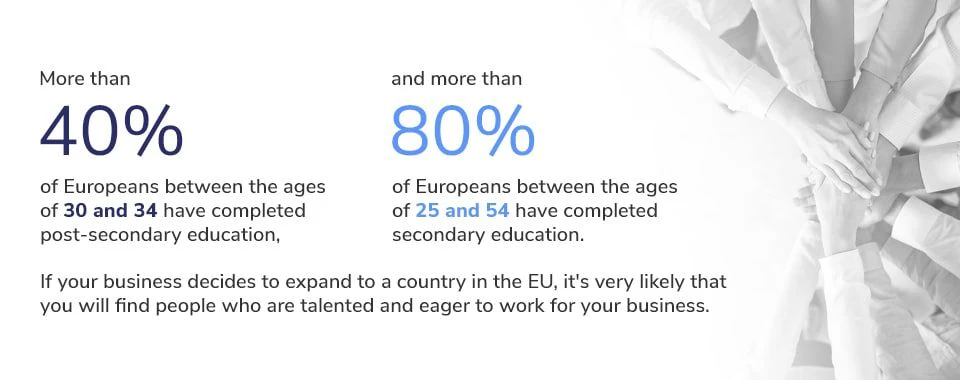 A group of hands in a huddle paired with European educational statistics.