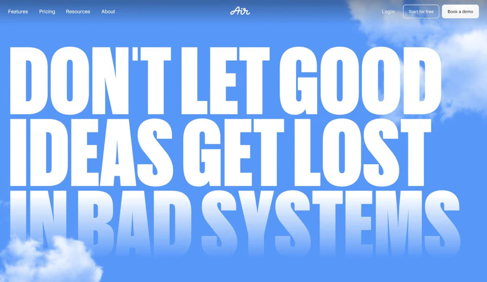A promotional banner with a blue sky background and white clouds. The main text reads "DON’T LET GOOD IDEAS GET LOST IN BAD SYSTEMS" in bold, uppercase letters