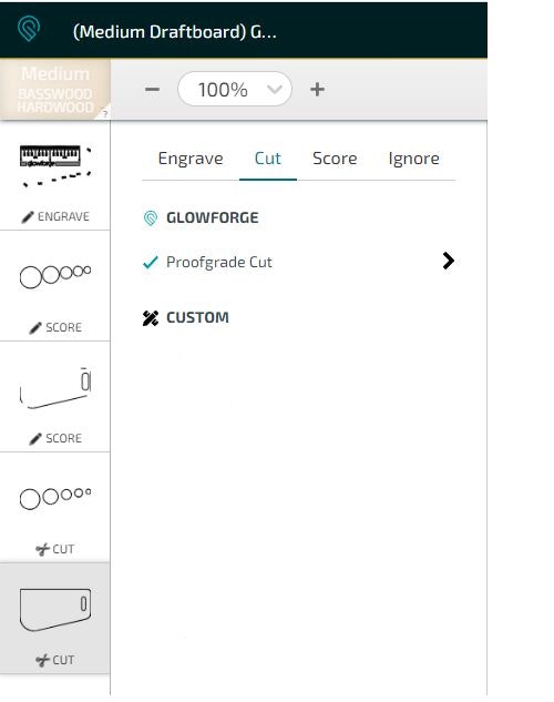 A screenshot from the Glowforge App showing print settings, with the cut option selected.