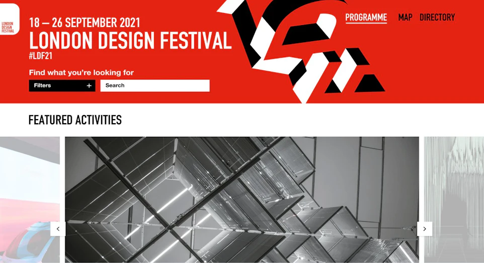 A promotional poster for the London Design Festival, featuring a bold, stylized "LONDON DESIGN FESTIVAL"