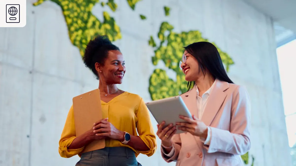 two people walking and talking about global visa sponsorship