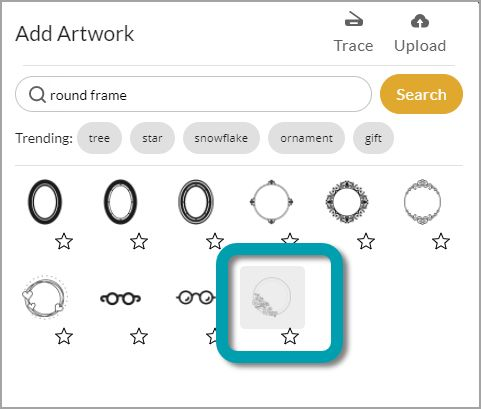 Screenshot of the Glowforge App showing selecting floral frame clipart