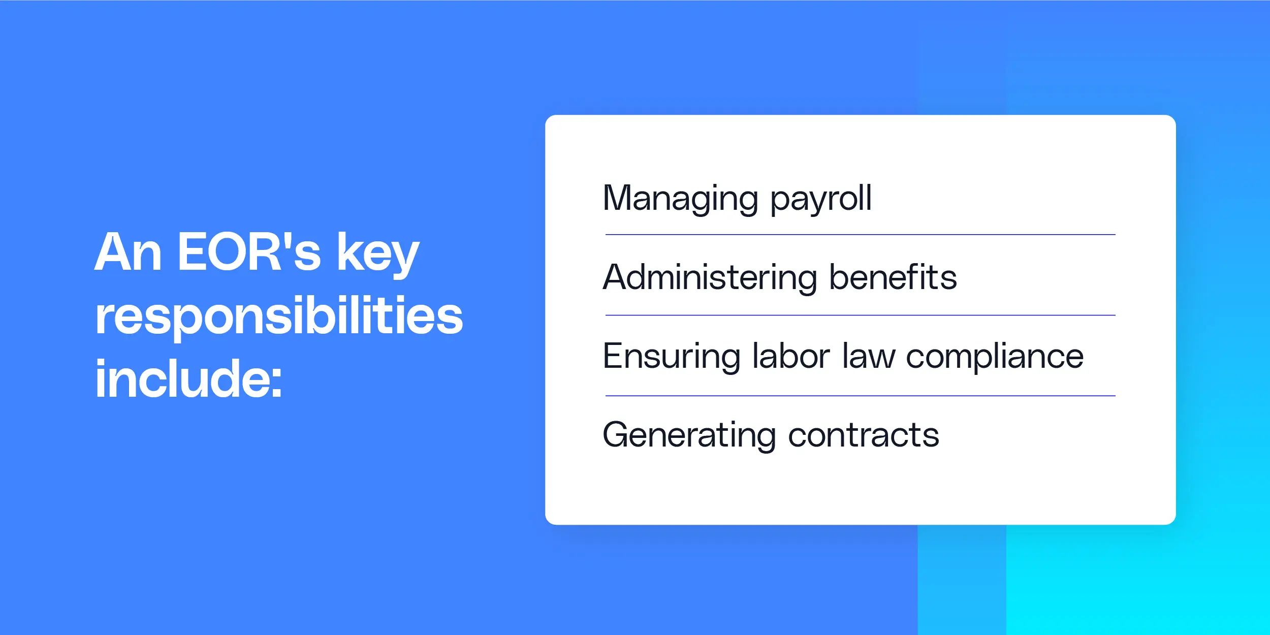Infographic detailing the primary responsibilities of an Employer of Record (EOR) service, covering payroll management, benefits administration, labor law compliance, and contract generation for businesses.