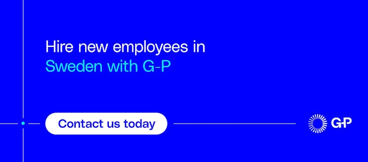 Un banner de llamada a la acción que invita a las empresas a contratar nuevos empleados en Suecia con la plataforma global de empleo de G-P.