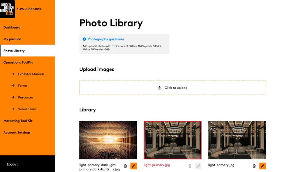 A webpage titled "Photo Library" with a sidebar on the left containing navigation links such as "Dashboard"