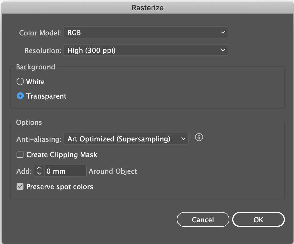 Screenshot of the rasterize options in Illustrator