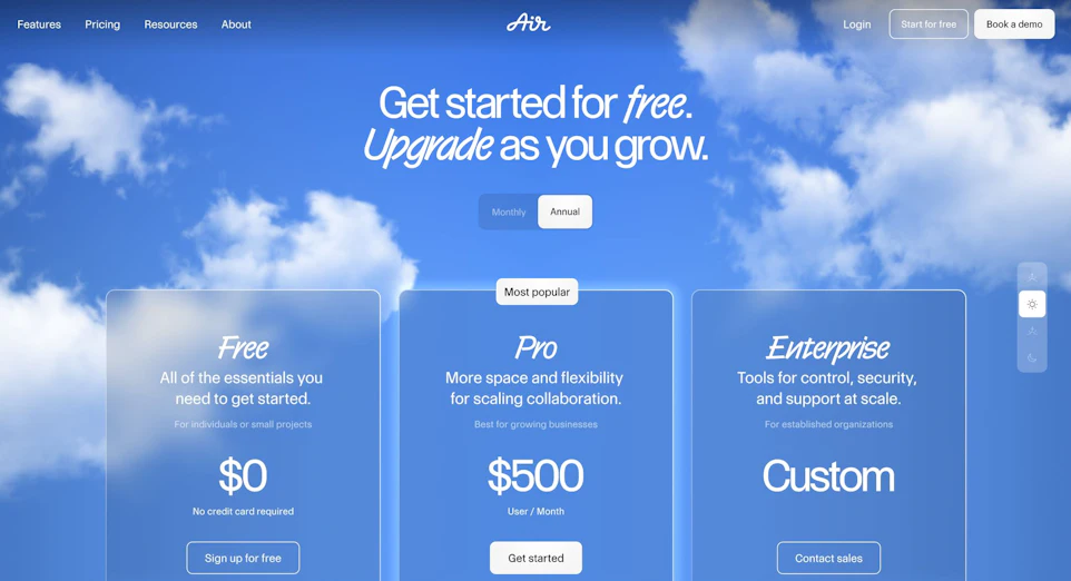 A webpage with a blue sky background and white clouds
