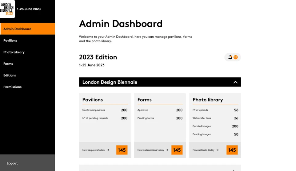 A webpage titled "Admin Dashboard" for the "London Design Biennale 2023 Edition"