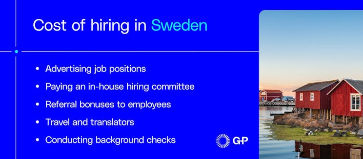 An infographic listing the costs of hiring in Sweden, such as advertising and background checks, next to a photo of red Swedish boathouses.
