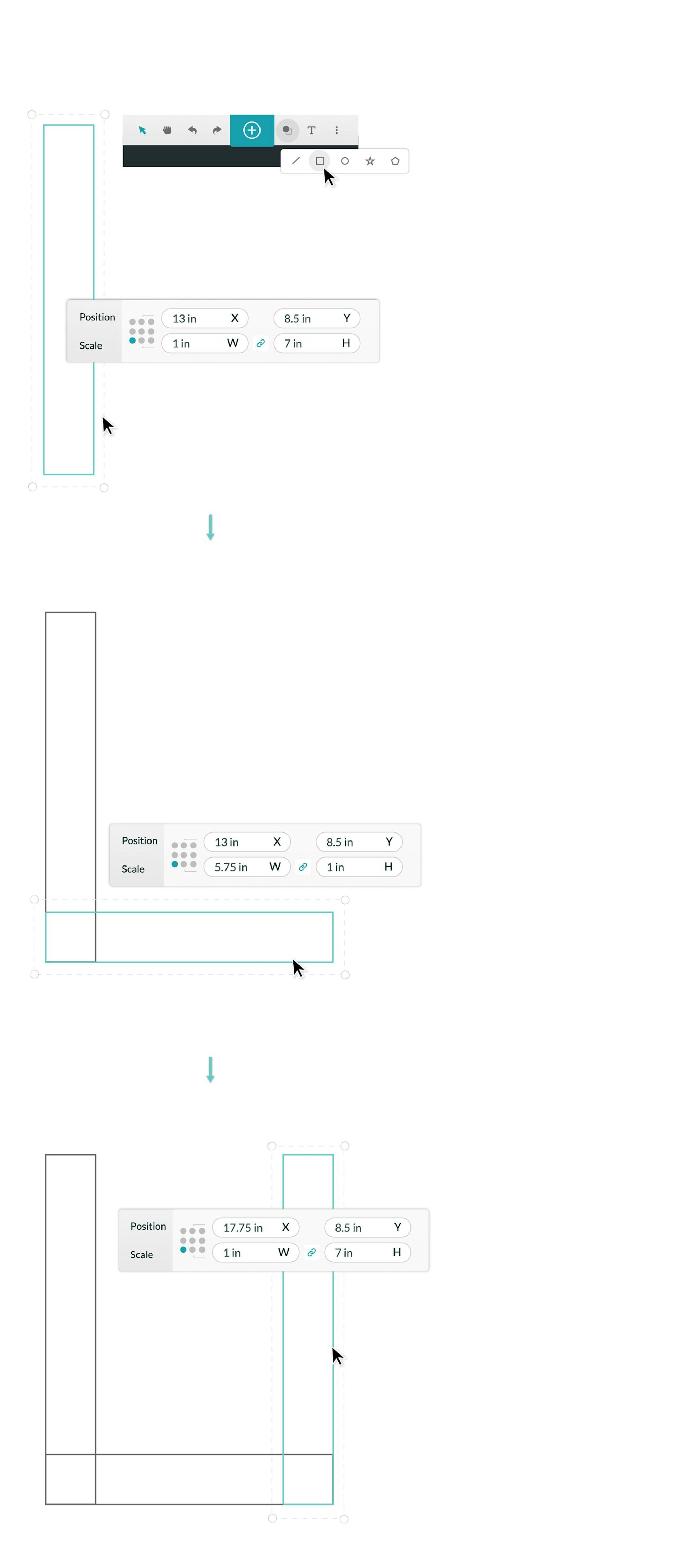 Screenshots of making and arranging multiple rectangles in the Glowforge App