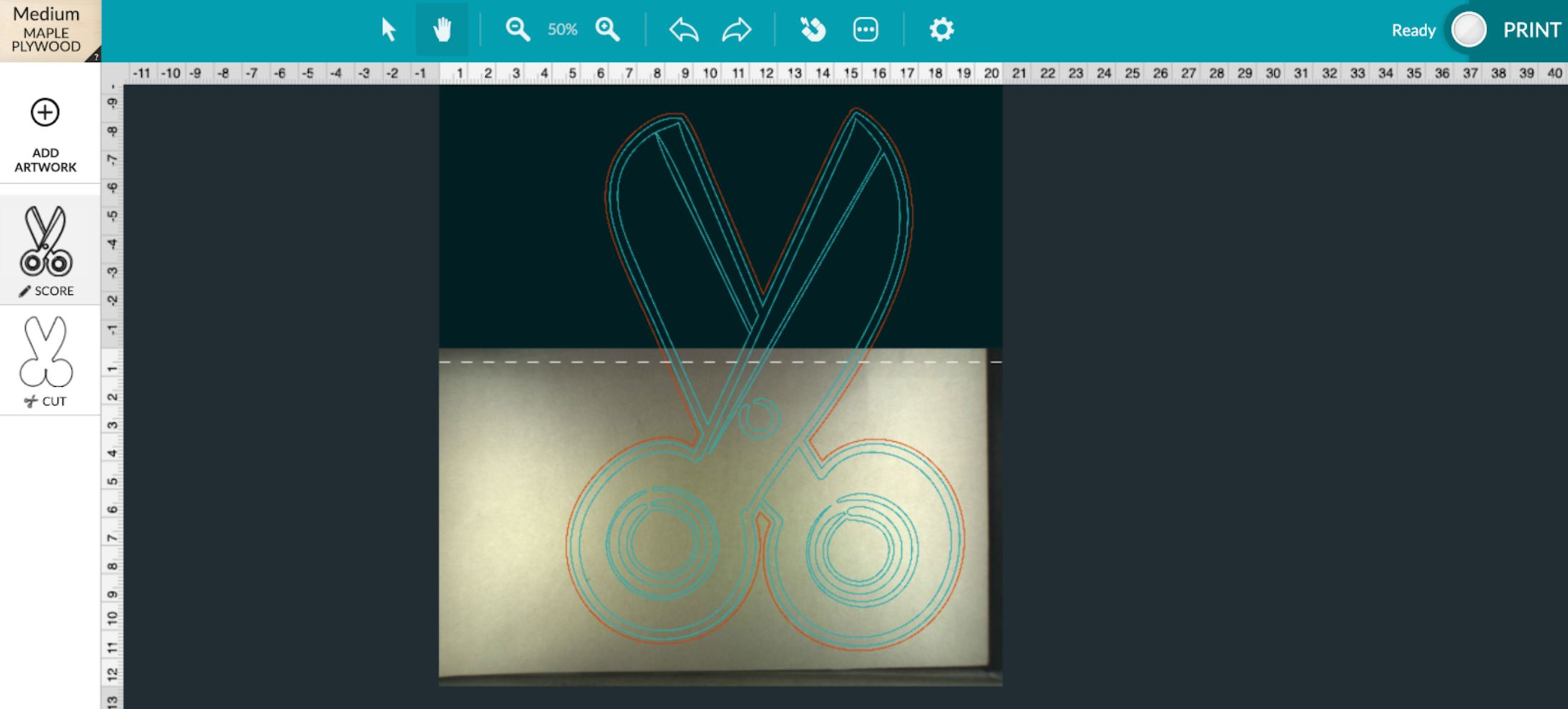 Screenshot of a scissor illustration design, with roughly half the design above a horizontal, dashed line in the Glowforge App