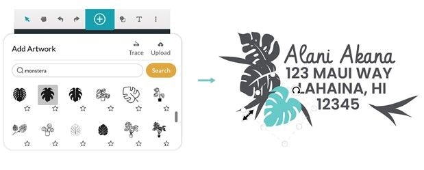 A screenshot showing using the + button and search feature to select clipart of a monstera leaf in the Glowforge App
