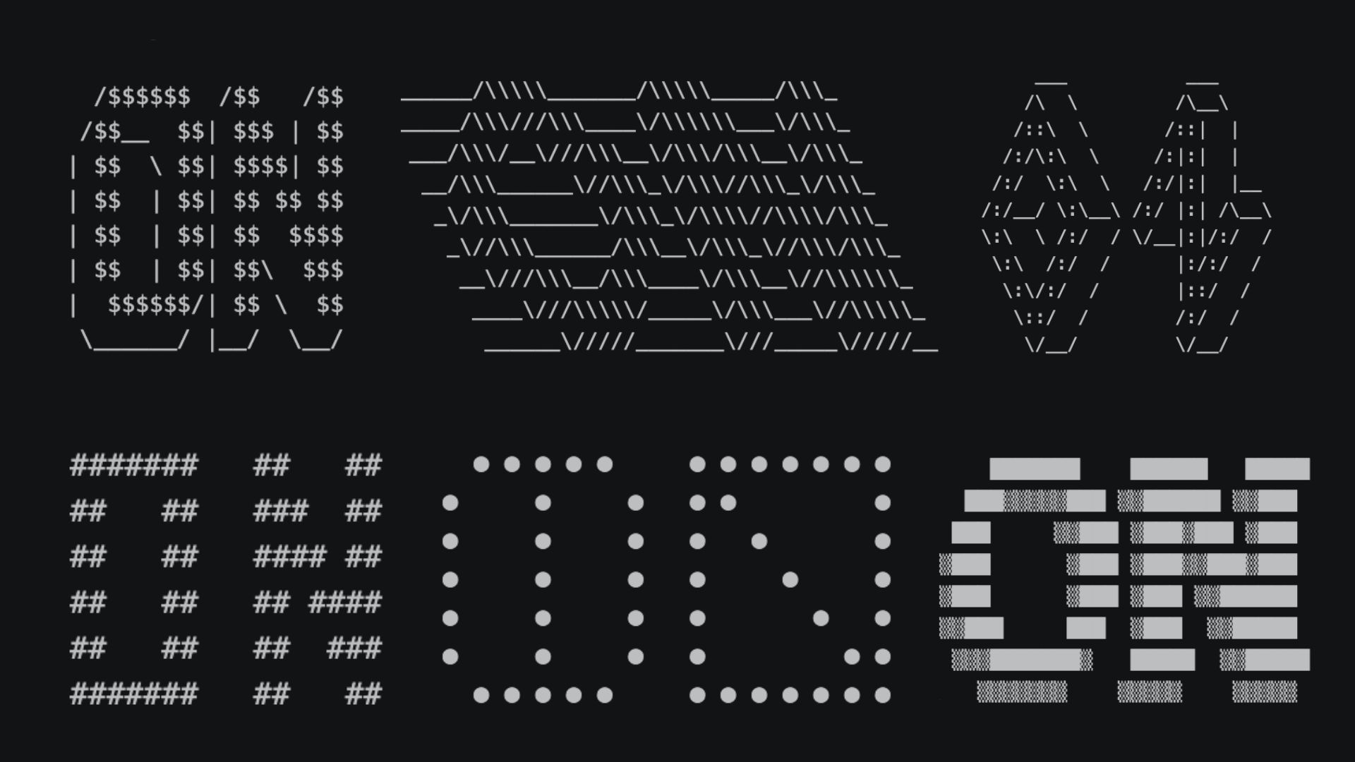 A grid of six ASCII-art renderings of the ON logo from different weekly releases: one made from dollar signs, one from forward slashes, one from triangular line work, one from hash symbols, one from dots, one from solid block characters.