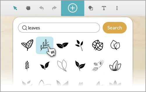 A screenshot showing using the + button and search feature to select clipart of leaves in the Glowforge App