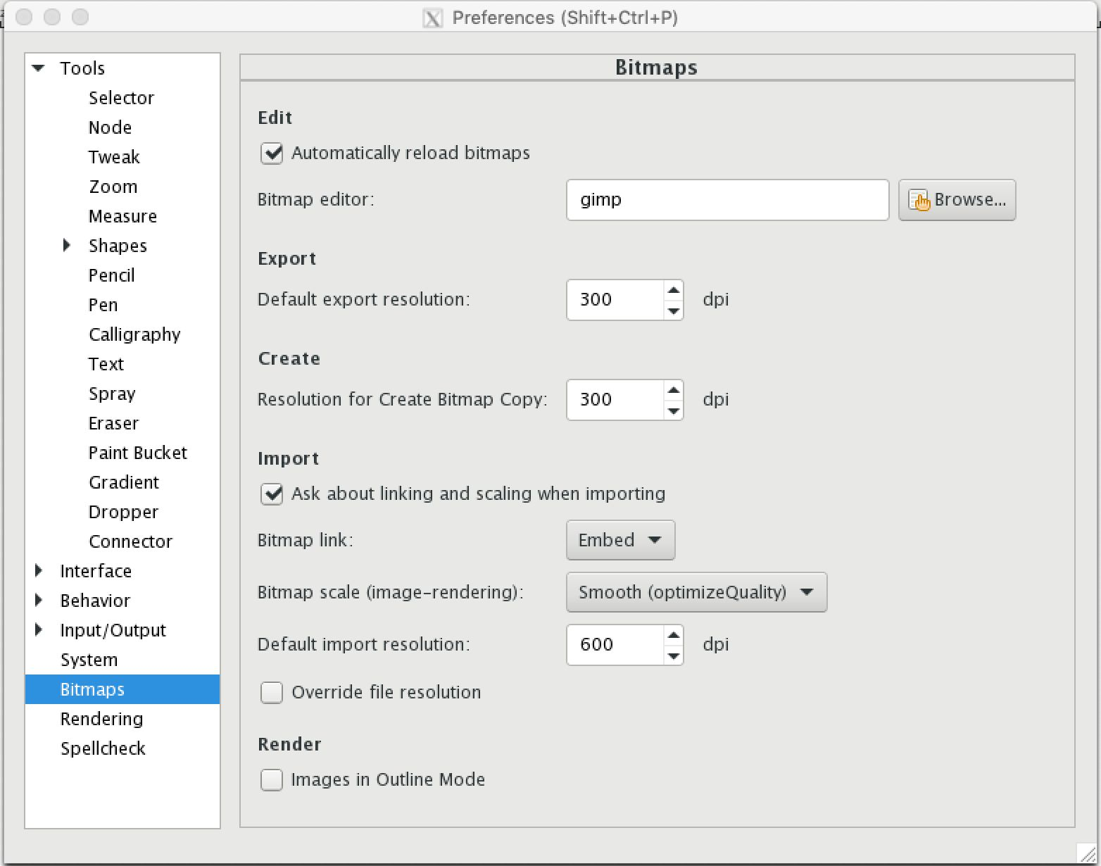 Screenshot of the bitmap preferences window in Inkscape