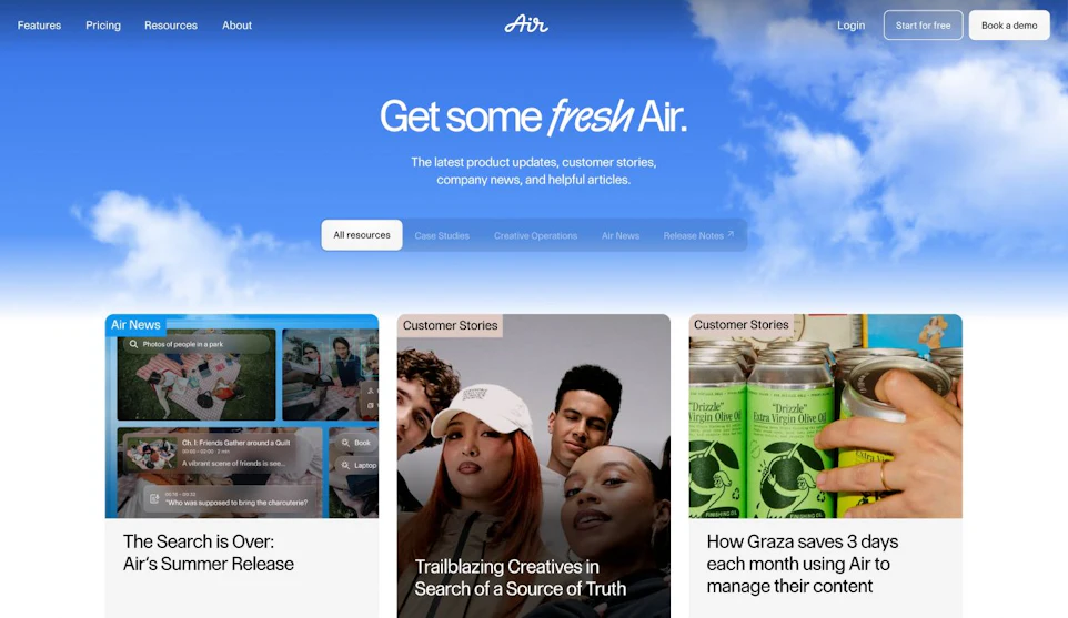 A webpage with a blue sky background and a prominent heading "Get some fresh Air."