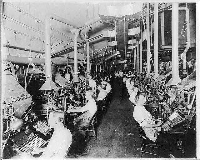 Newspaper publishing, N.Y. Herald: Composing room and linotype machines, 1902.
