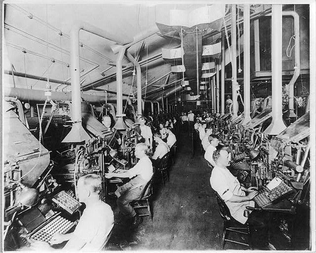 Newspaper publishing, N.Y. Herald: Composing room and linotype machines, 1902.