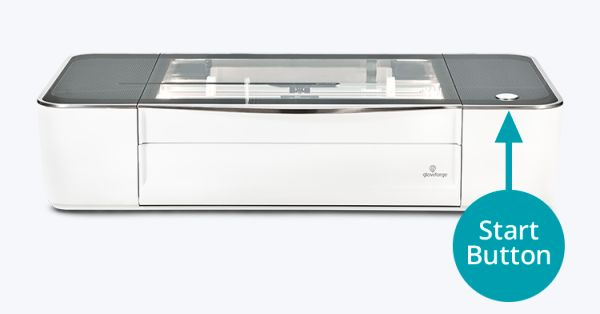 Front view of a Glowforge with the button on the top, front right highlighted