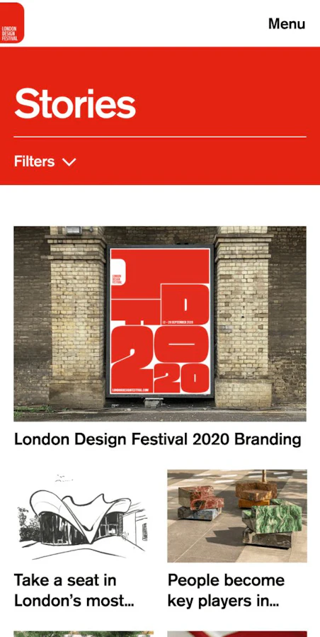 Abstract screenshot of a mobile application interface displaying content related to the London Design Festival 2020.