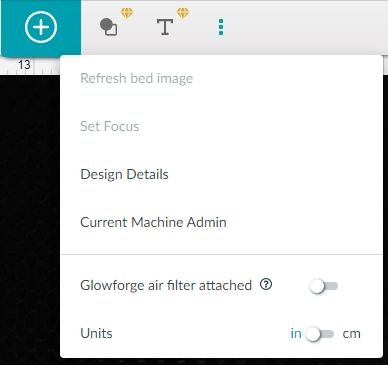 Screenshot of the 3-dot button's in the Glowforge App, including the Set Focus button.