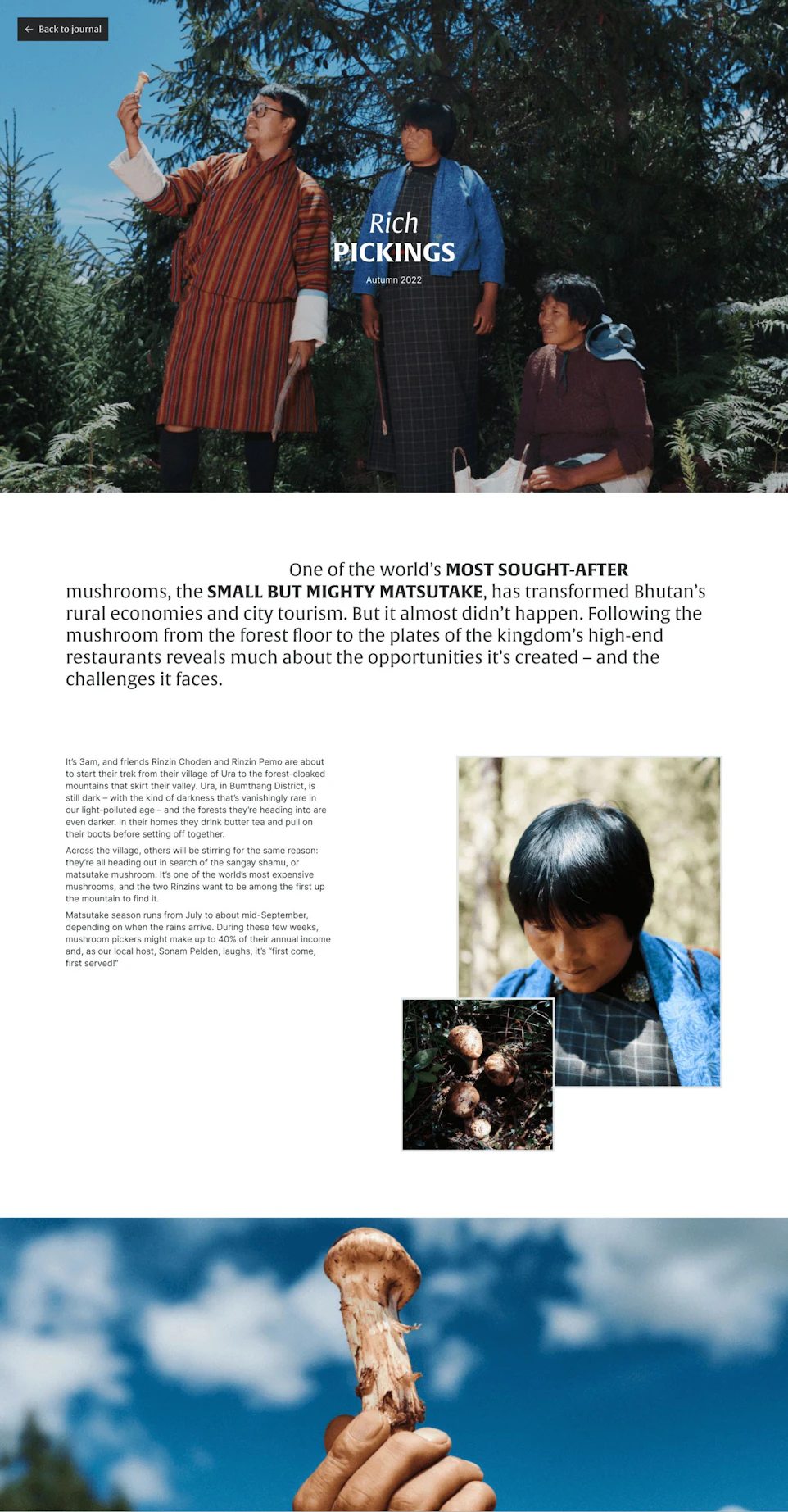 A magazine spread featuring an article about the impact of the Matsutake mushroom on Bhutan’s economy