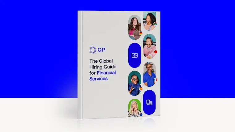 Książka w białej okładce zatytułowana "The Global Hiring Guide for Financial Services" na niebiesko-białym tle. Na okładce znajduje się logo "GP", okrągłe zdjęcia różnych osób oraz symbole, takie jak znak dolara i stos monet