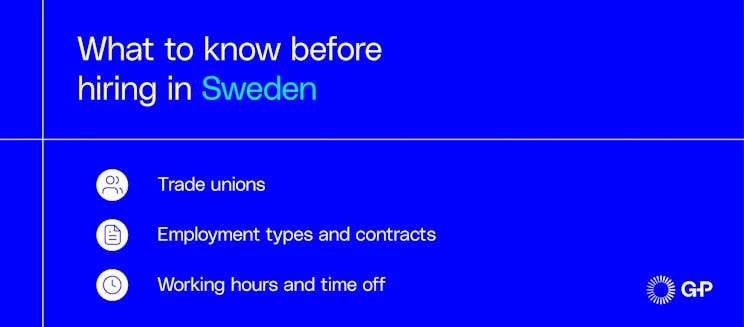 Un gráfico que detalla las principales consideraciones antes de contratar en Suecia, incluyendo sindicatos, contratos laborales y horarios laborales.