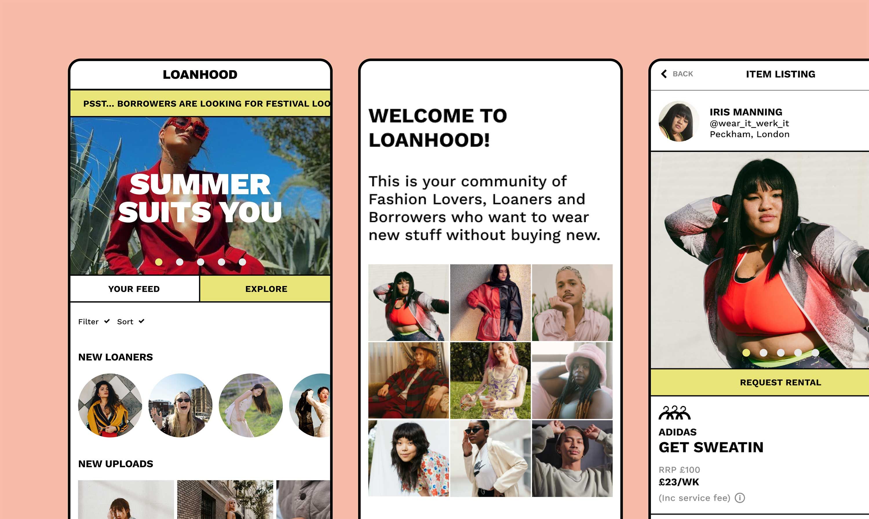 A mobile application interface for a fashion rental service called "Loanhood."
