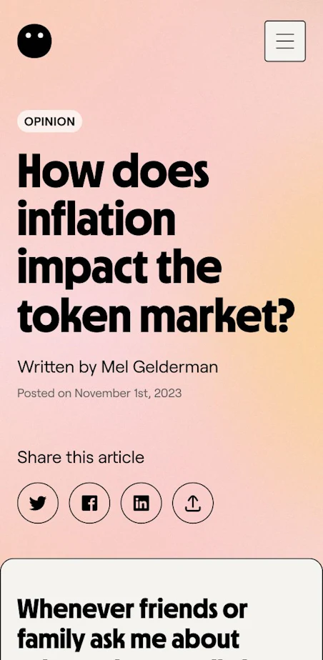A pink-themed article page with a title "How does inflation impact the token market?