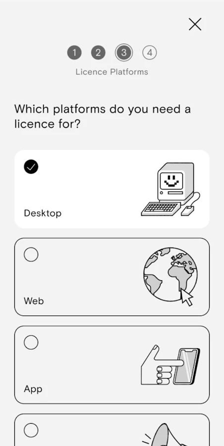 A user interface screen with a question asking "Which platforms do you need a licence for?"