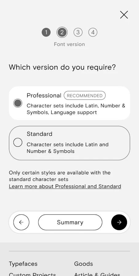 A screen displaying a selection interface for font versions